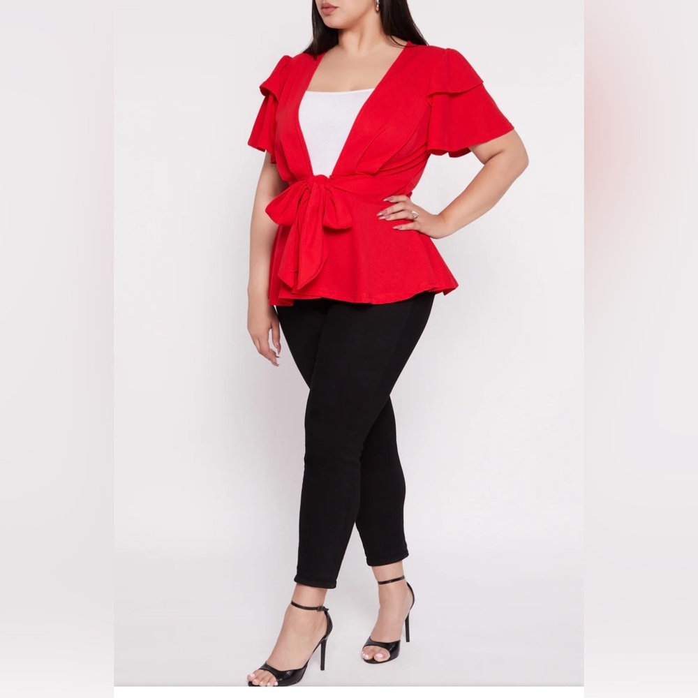 NWT Blouse Tiered Sleeve Tie Front Peplum- Red  Pit to pit 24 inches. 🌹🌹